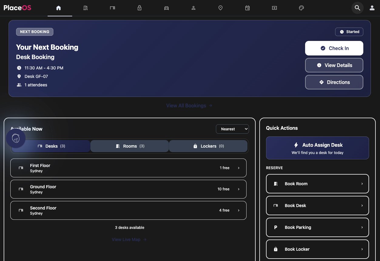 WorkMate dashboard showing next booking, available spaces, and quick actions
