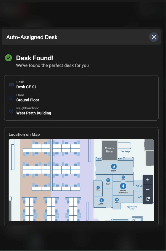 WorkMate auto-assigned desk showing Desk GF-01 on Ground Floor at West Perth Building with floor map location