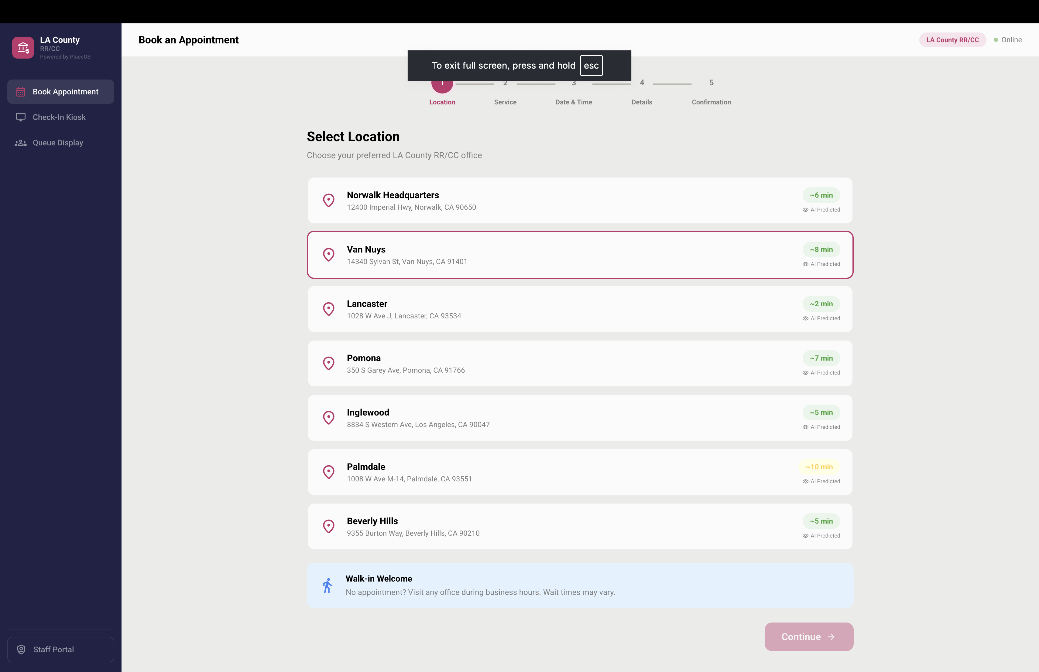 AQS Platform — Appointment booking interface showing LA County RR/CC locations with AI-predicted wait times